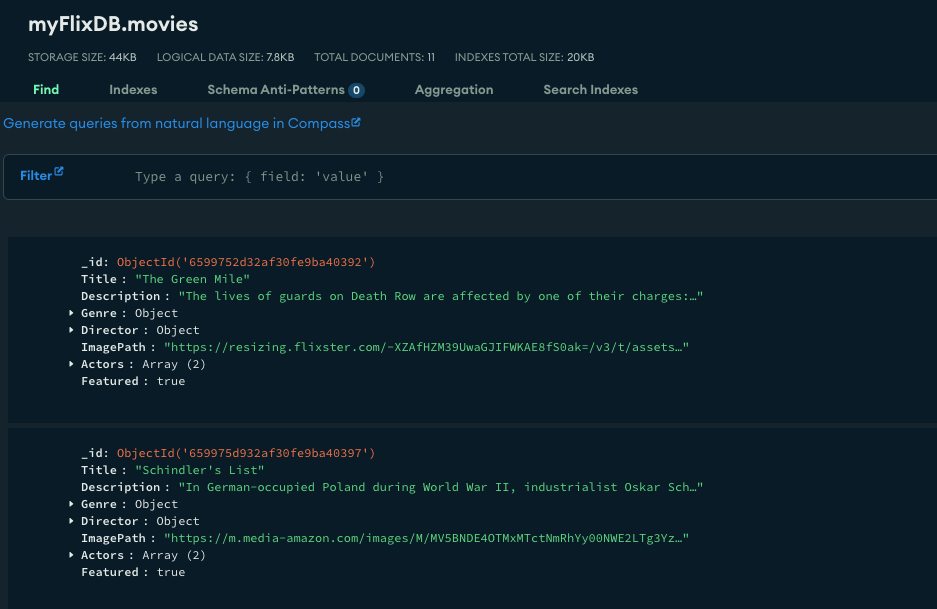 screen shot of my MongoDB movie collection